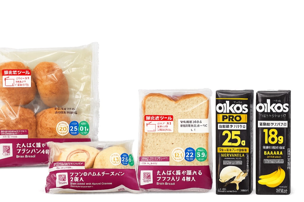 ローソンのブランパン各種とオイコスのプロテインドリンクを並べた実物写真
